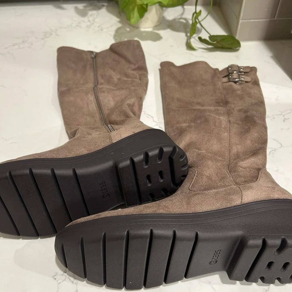 Bzees Taupe Over-the-Knee Suede Boots with Buckle Detail